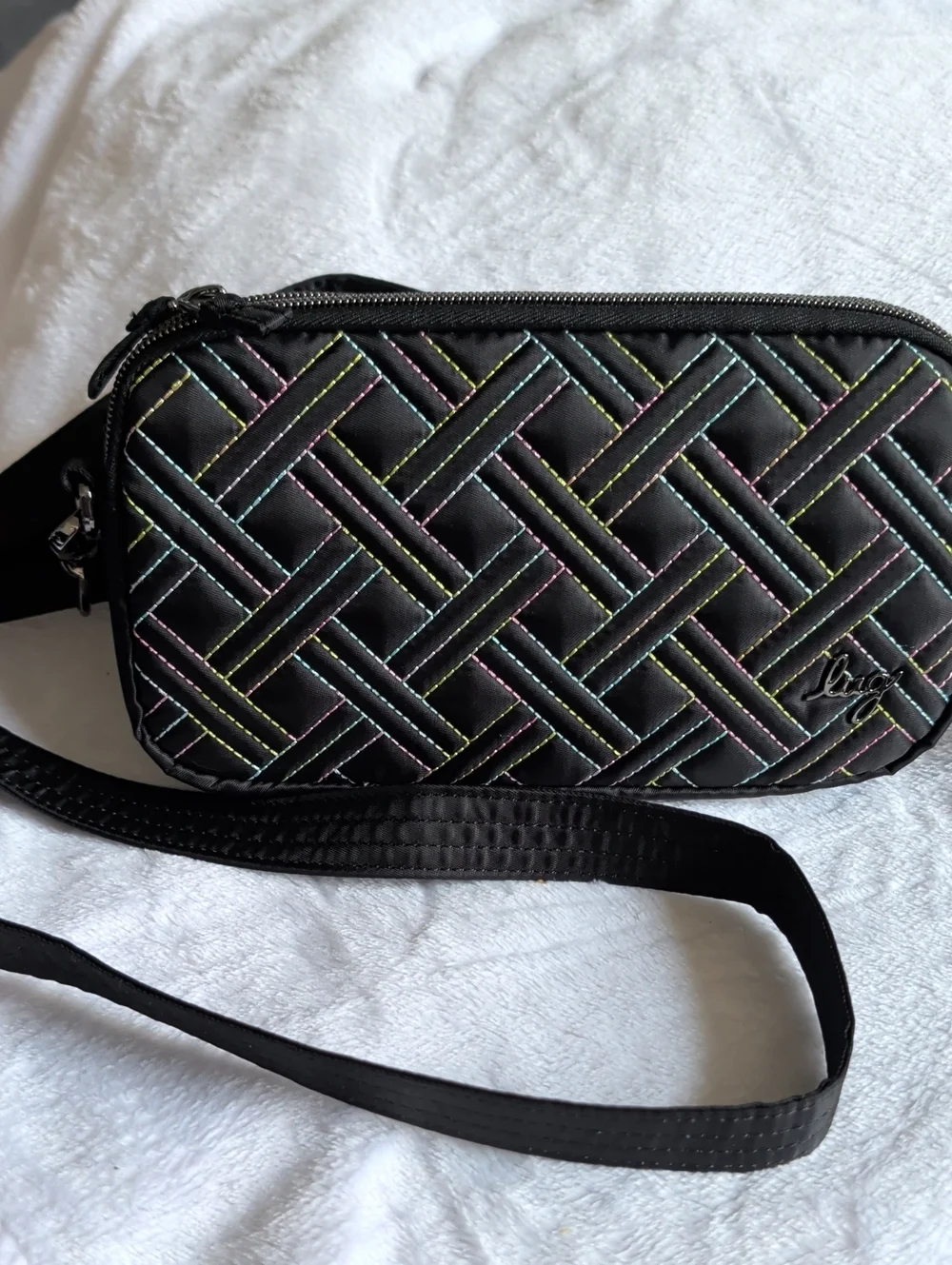 lug Black Crossbody Bag with Multicolor Stitching